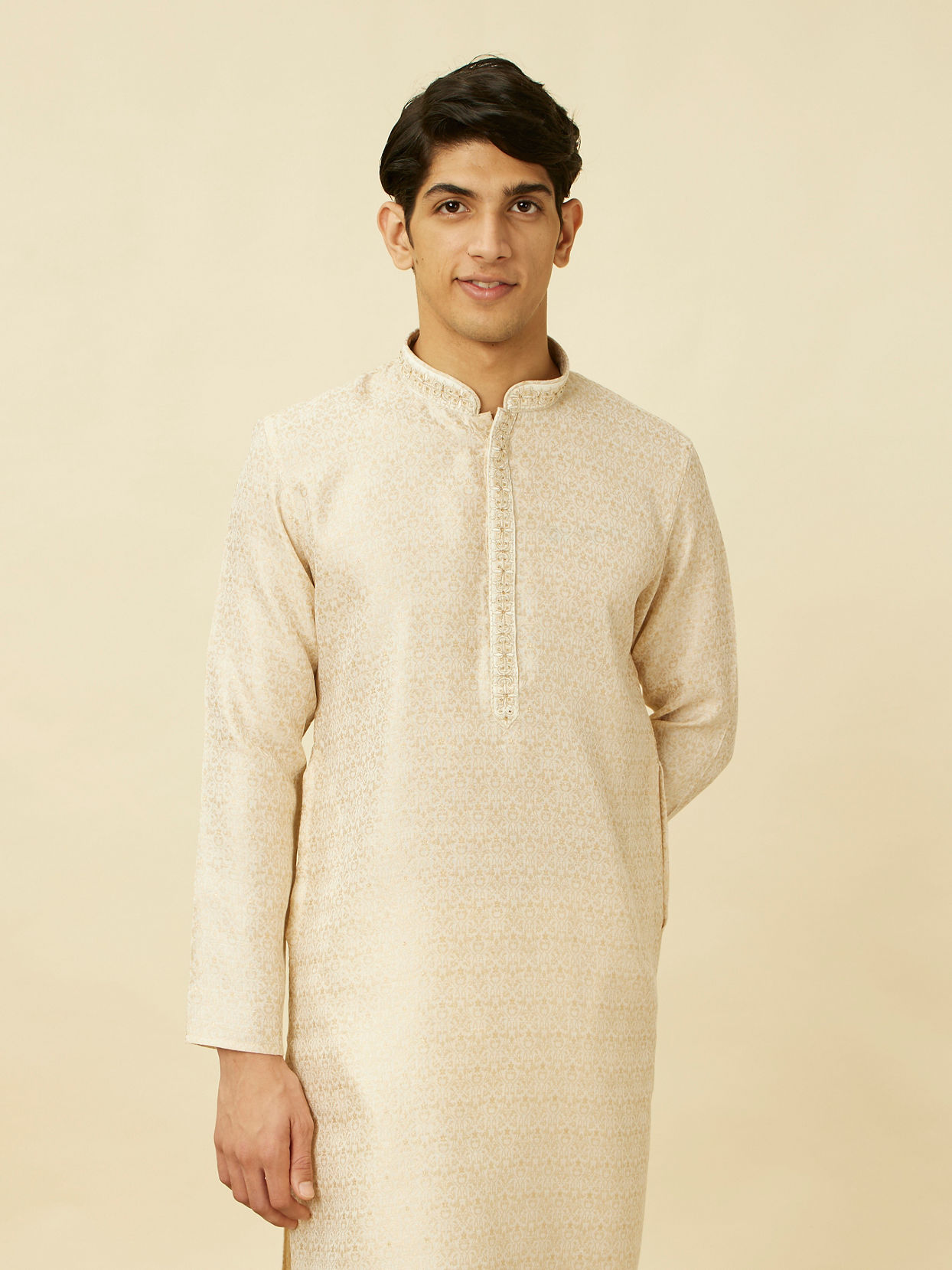 Manyavar Men Cloud Cream Imperial Printed Kurta Set