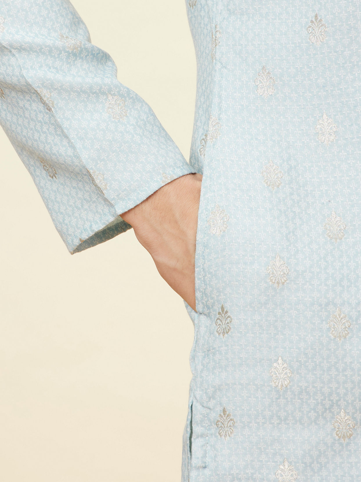 alt message - Manyavar Men Powder Blue Buta Motif Kurta Set image number 3