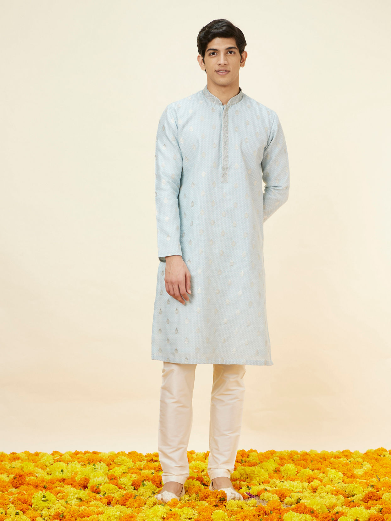 alt message - Manyavar Men Powder Blue Buta Motif Kurta Set image number 2