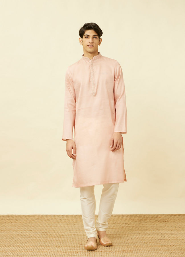 Manyavar Men Veiled Rose Pink Designed Placket Kurta Set
