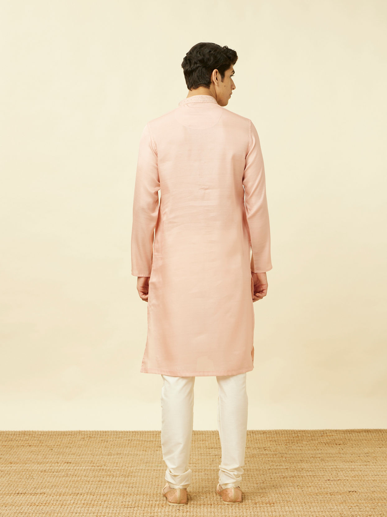 Manyavar Men Veiled Rose Pink Designed Placket Kurta Set