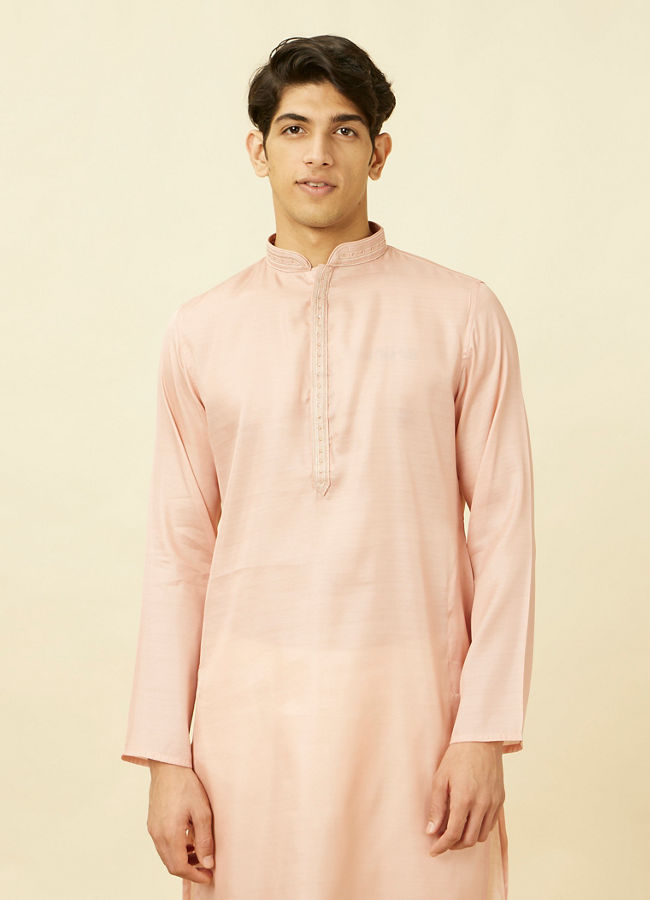 Manyavar Men Veiled Rose Pink Designed Placket Kurta Set