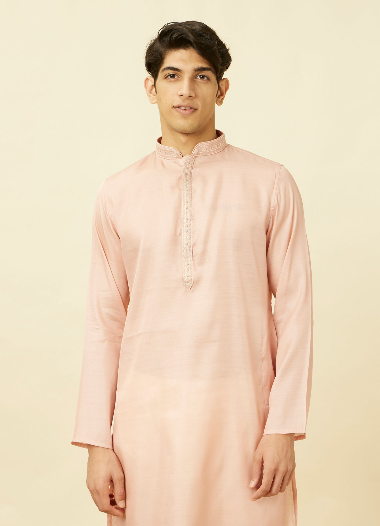 Manyavar Men Veiled Rose Pink Designed Placket Kurta Set