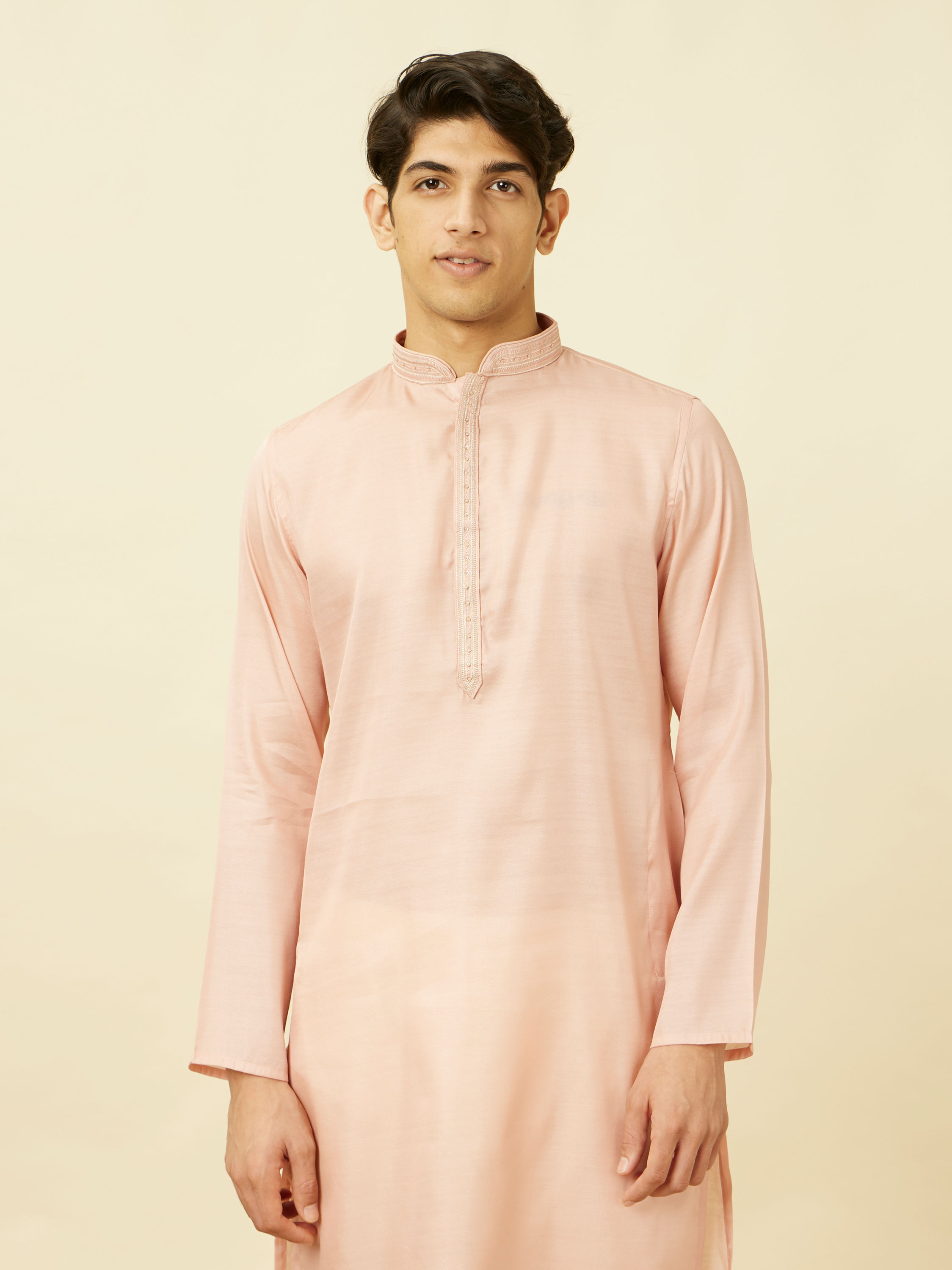 Manyavar Men Veiled Rose Pink Designed Placket Kurta Set