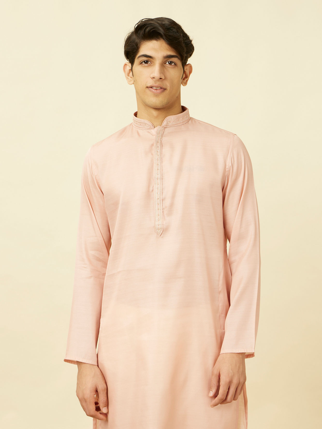 Manyavar Men Veiled Rose Pink Designed Placket Kurta Set