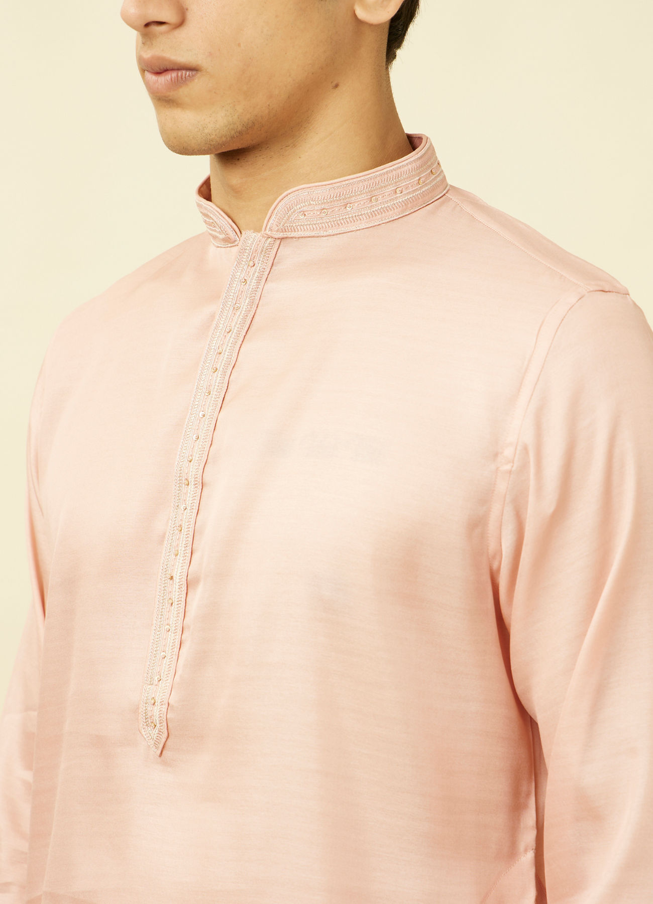 Manyavar Men Veiled Rose Pink Designed Placket Kurta Set