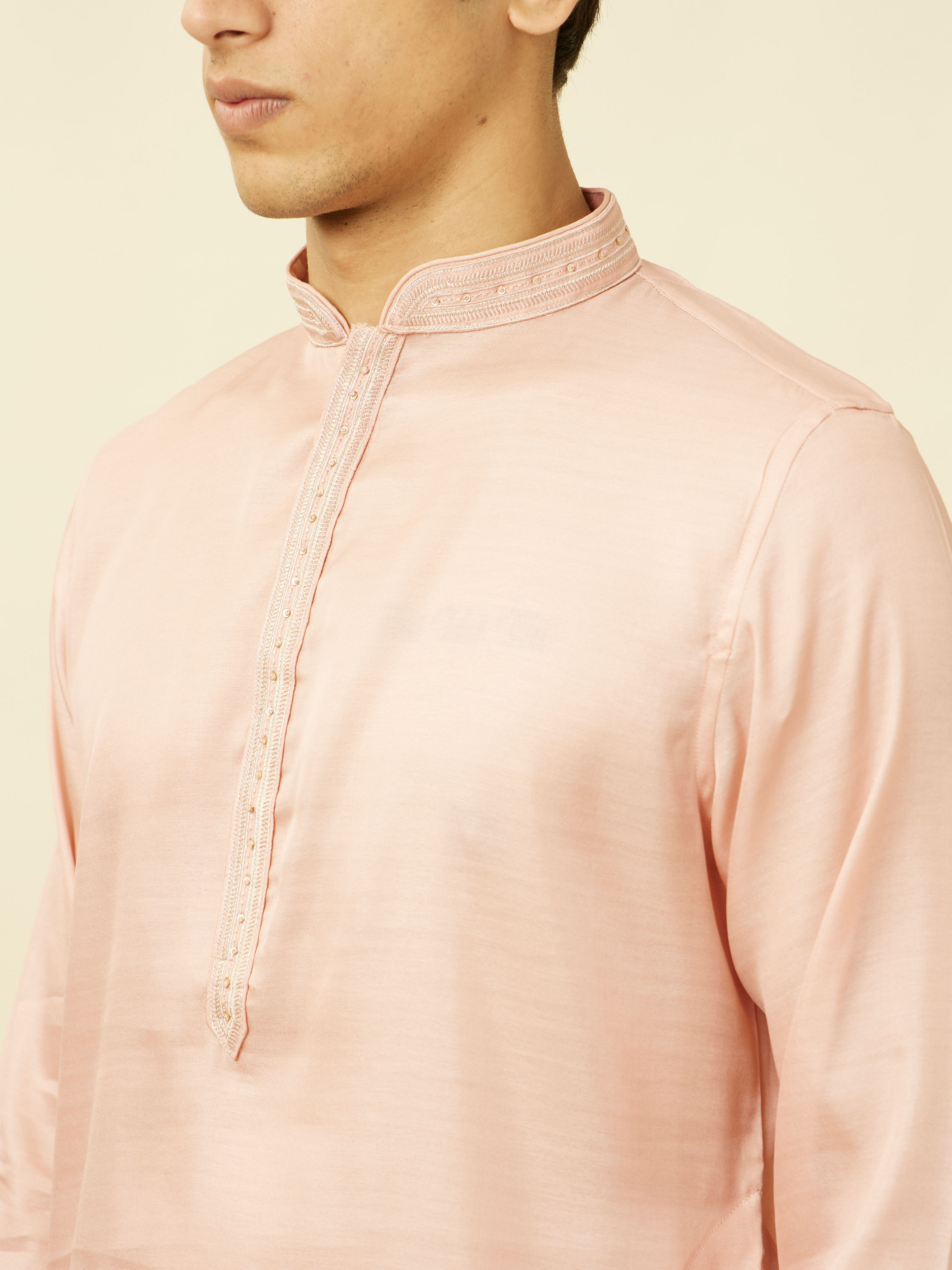 Manyavar Men Veiled Rose Pink Designed Placket Kurta Set