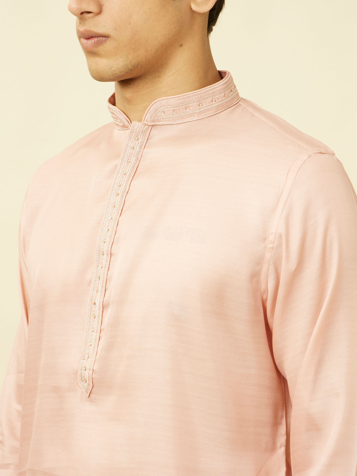 Manyavar Men Veiled Rose Pink Designed Placket Kurta Set