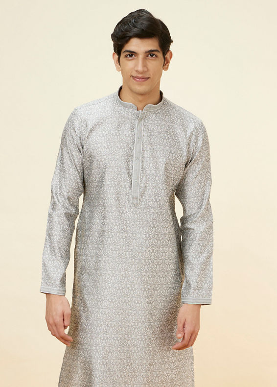 Manyavar Men Light Grey Floral Jaal Patterned Kurta Set