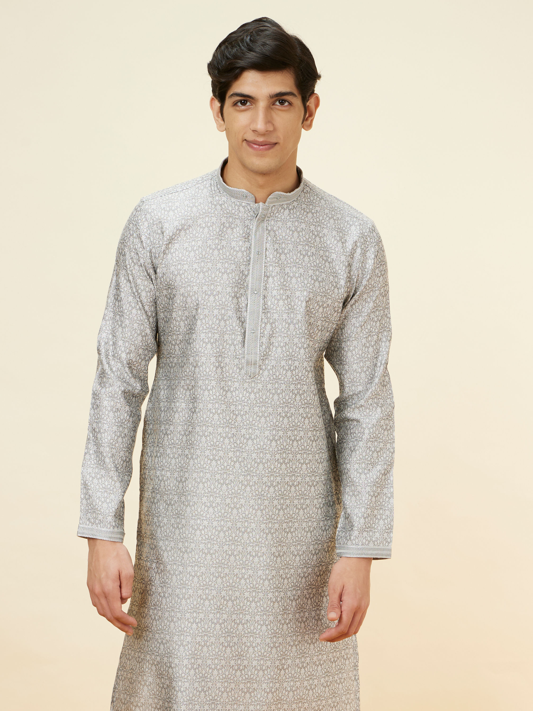 Manyavar Men Light Grey Floral Jaal Patterned Kurta Set