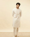 Manyavar Men White and Coral Pink Floral Motif Kurta Set