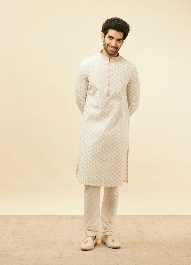Manyavar Men White and Coral Pink Floral Motif Kurta Set