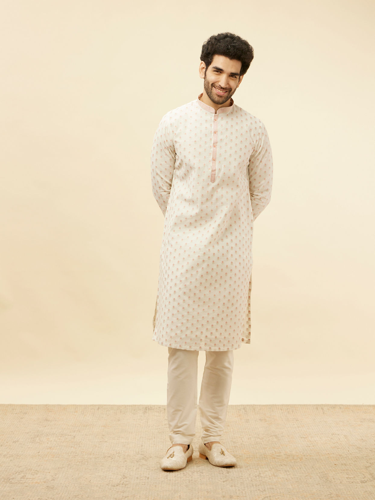 Manyavar Men White and Coral Pink Floral Motif Kurta Set