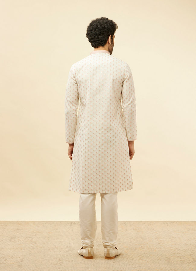 Manyavar Men White and Coral Pink Floral Motif Kurta Set