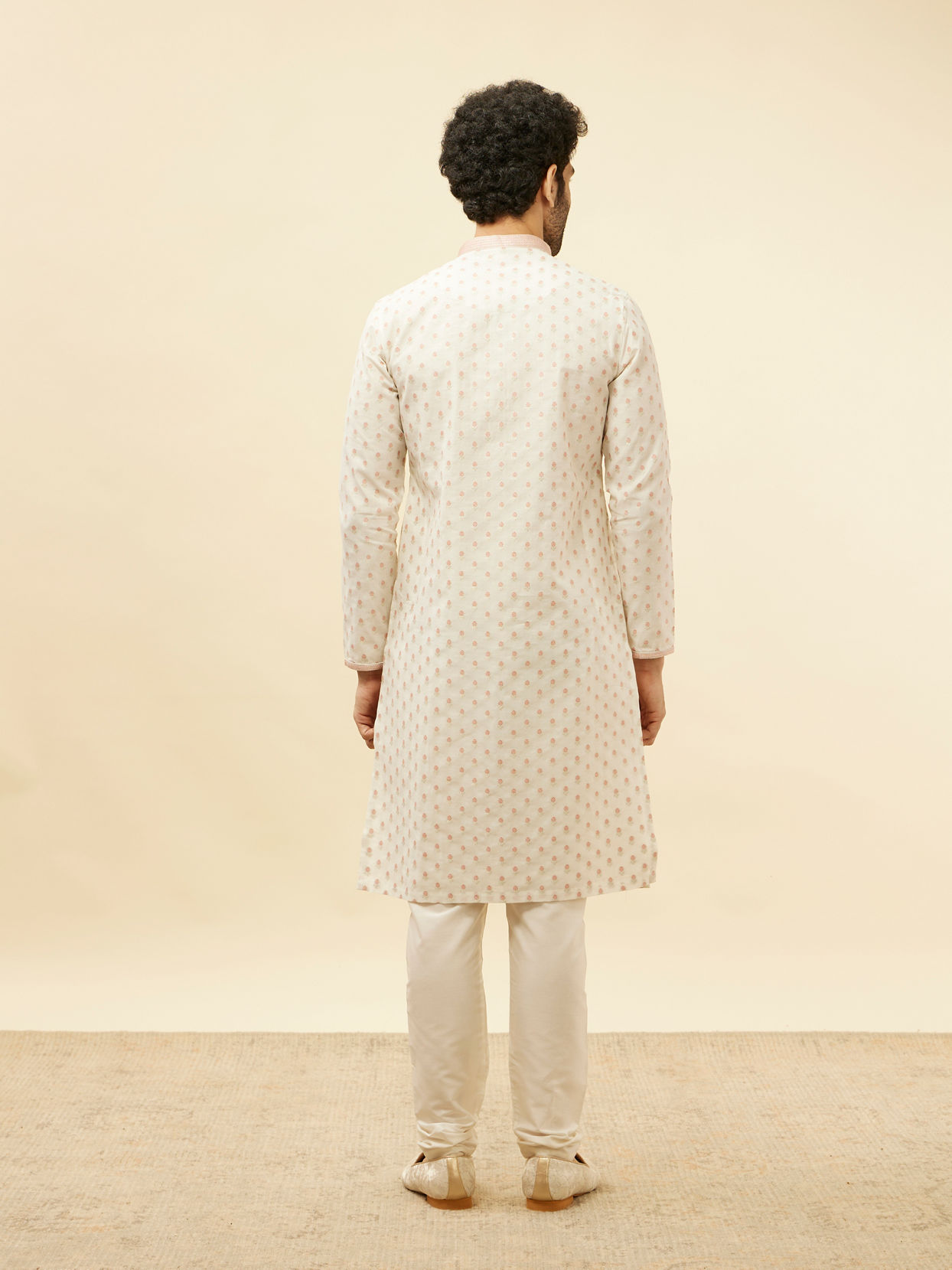 Manyavar Men White and Coral Pink Floral Motif Kurta Set