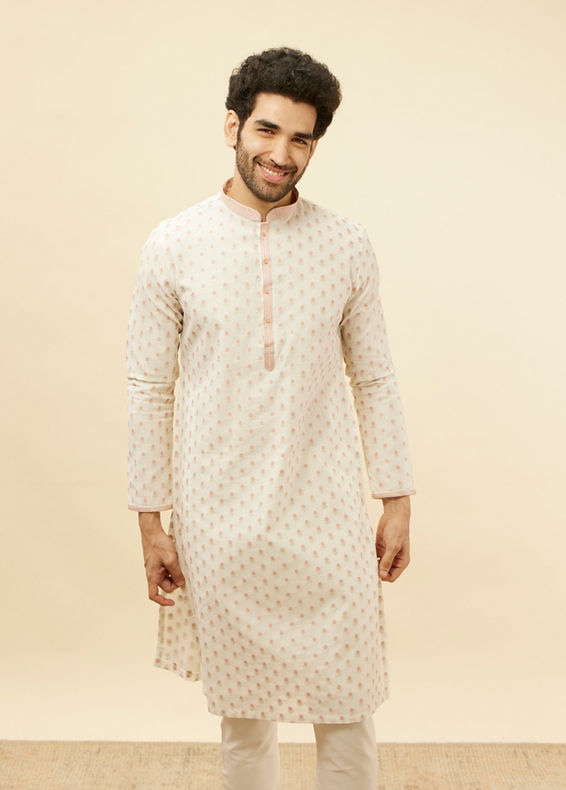 Manyavar Men White and Coral Pink Floral Motif Kurta Set