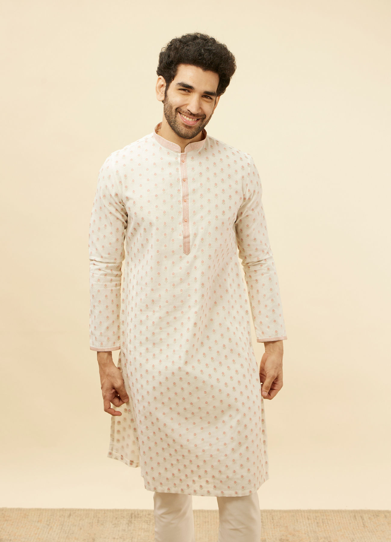 Manyavar Men White and Coral Pink Floral Motif Kurta Set