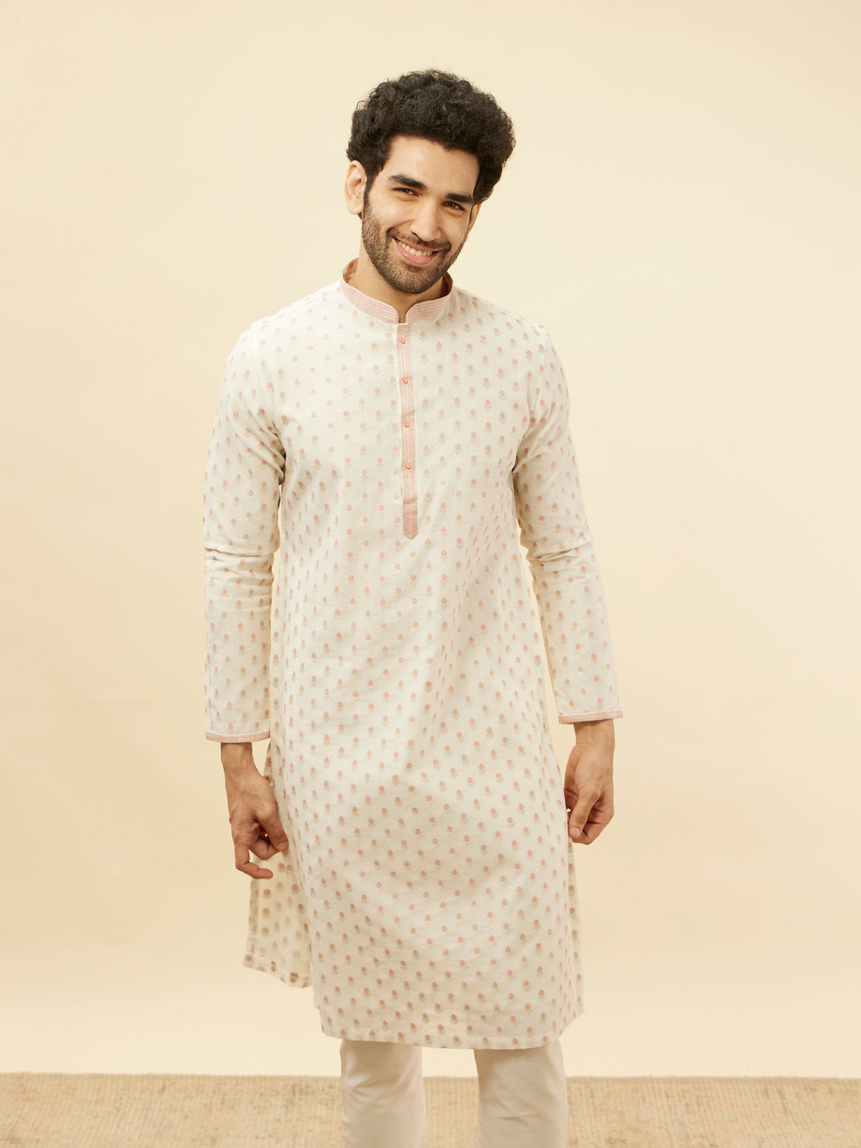 Manyavar Men White and Coral Pink Floral Motif Kurta Set