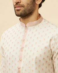 Manyavar Men White and Coral Pink Floral Motif Kurta Set