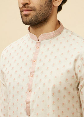 Manyavar Men White and Coral Pink Floral Motif Kurta Set image number 1