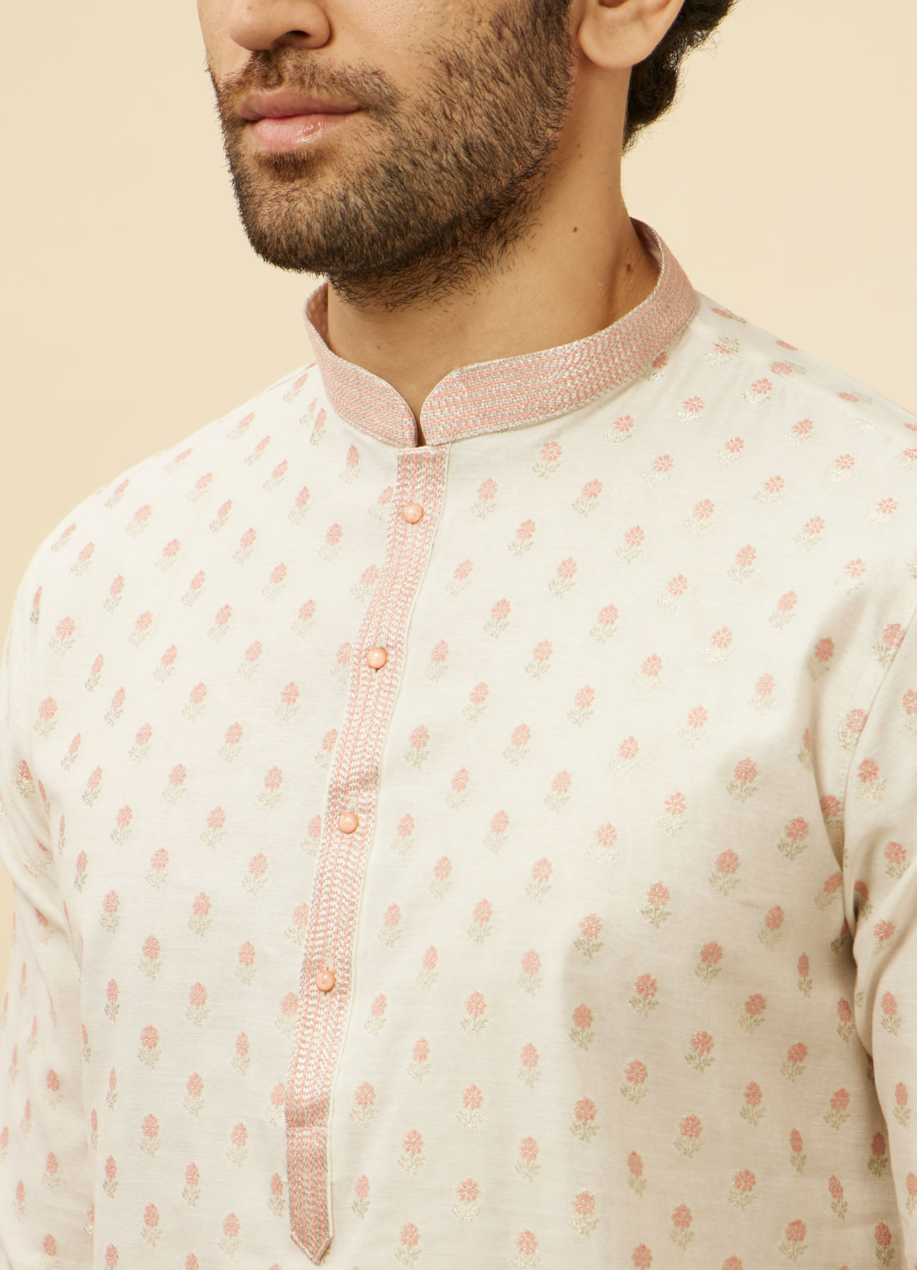 Manyavar Men White and Coral Pink Floral Motif Kurta Set