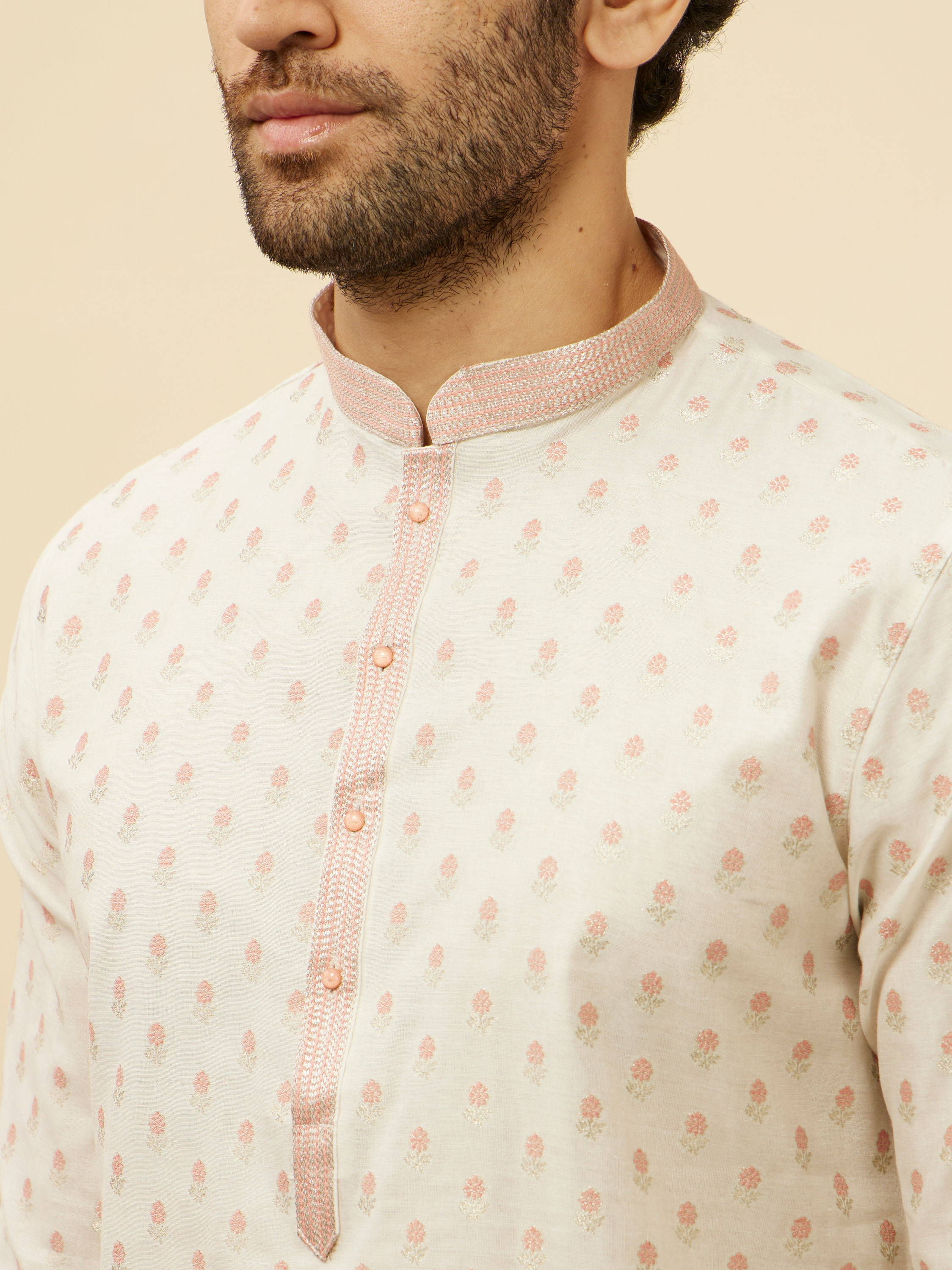 Manyavar Men White and Coral Pink Floral Motif Kurta Set