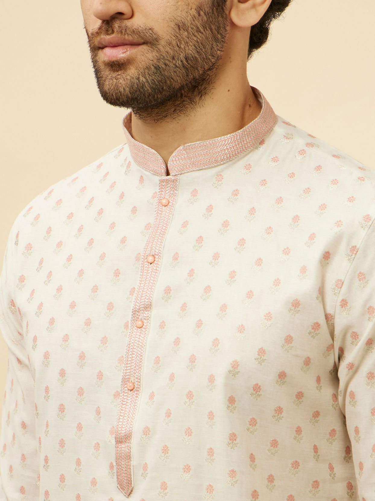 Manyavar Men White and Coral Pink Floral Motif Kurta Set