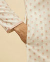 Manyavar Men White and Coral Pink Floral Motif Kurta Set