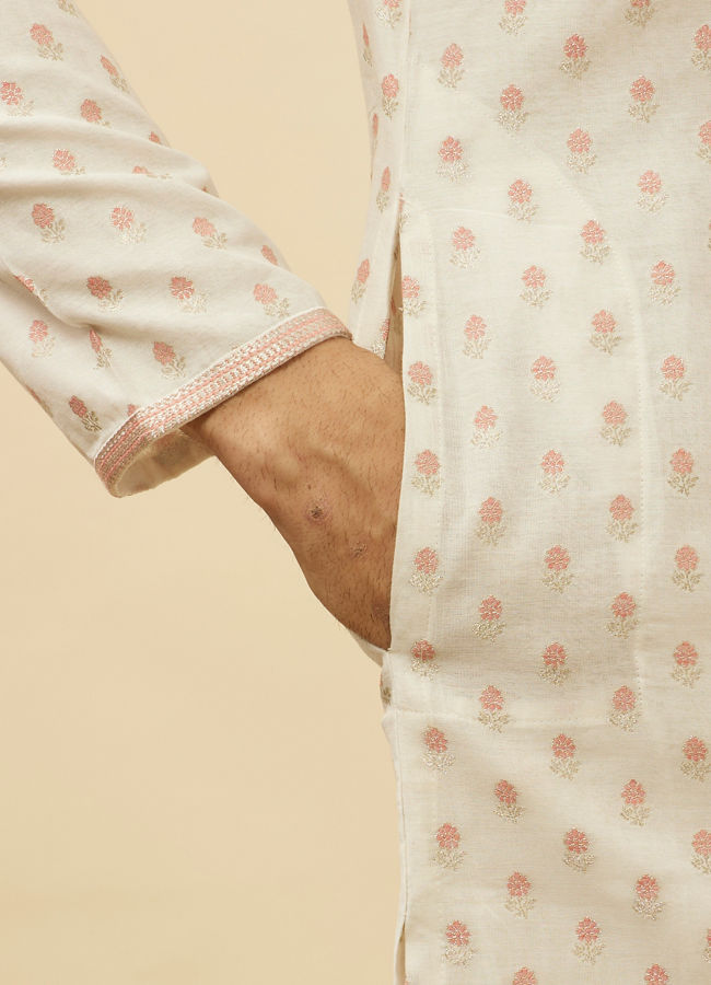 Manyavar Men White and Coral Pink Floral Motif Kurta Set