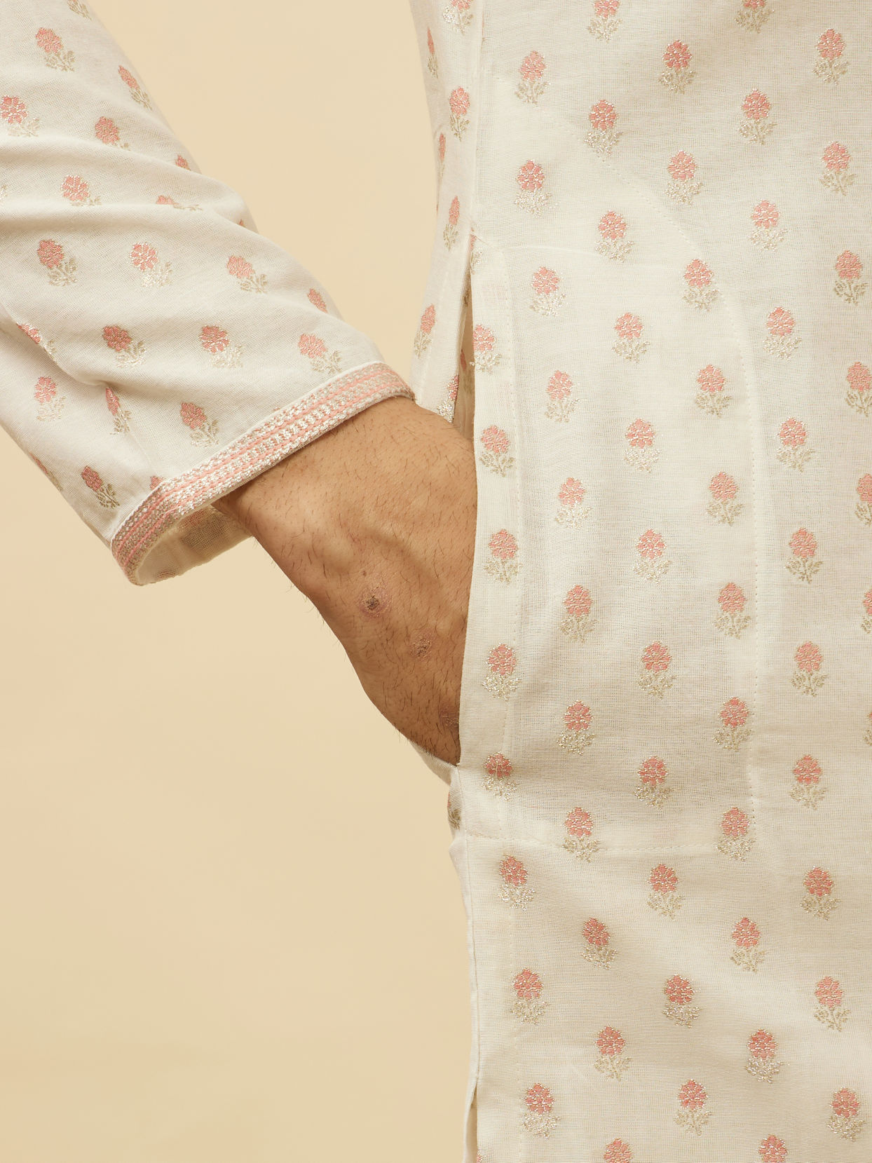 Manyavar Men White and Coral Pink Floral Motif Kurta Set