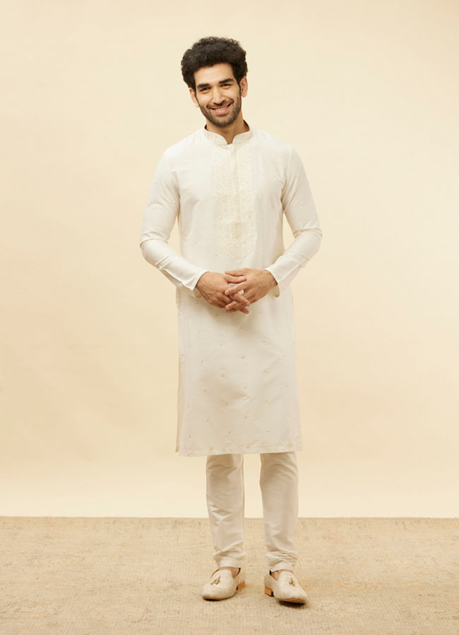 Manyavar Men Pearl White Bel Buti Embroidered Kurta Set