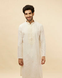 Manyavar Men Pearl White Bel Buti Embroidered Kurta Set