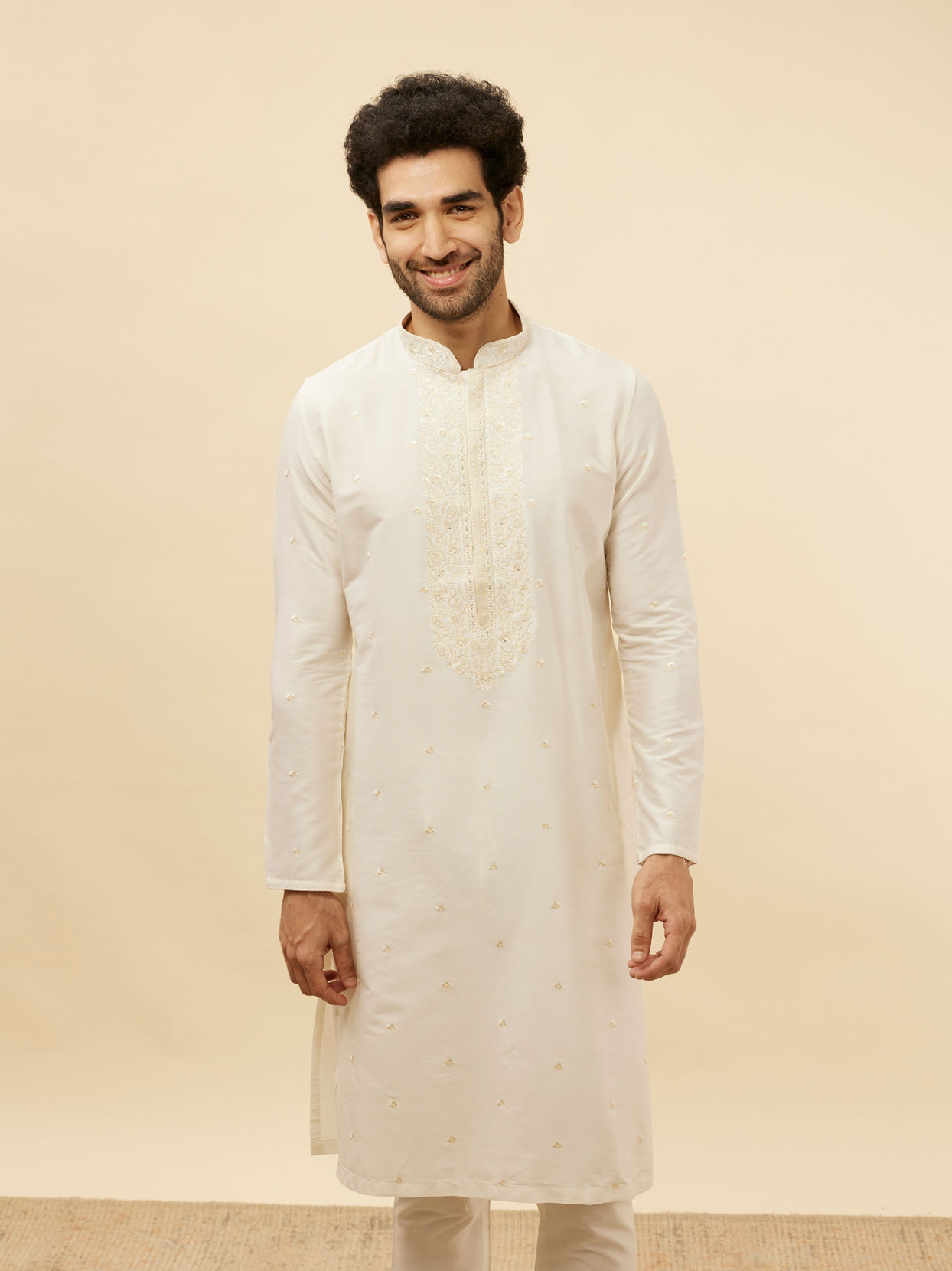 Manyavar Men Pearl White Bel Buti Embroidered Kurta Set