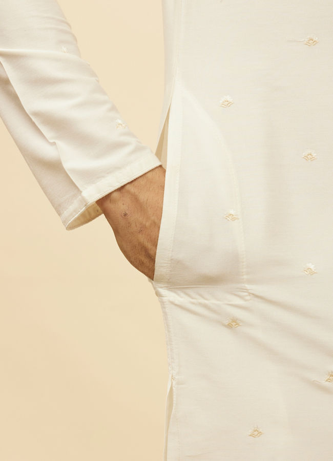 Manyavar Men Pearl White Bel Buti Embroidered Kurta Set