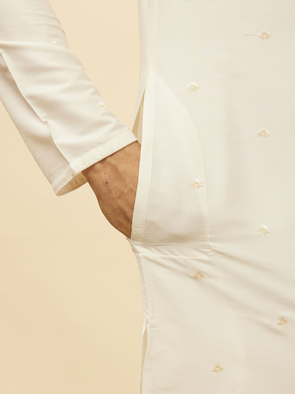 Manyavar Men Pearl White Bel Buti Embroidered Kurta Set