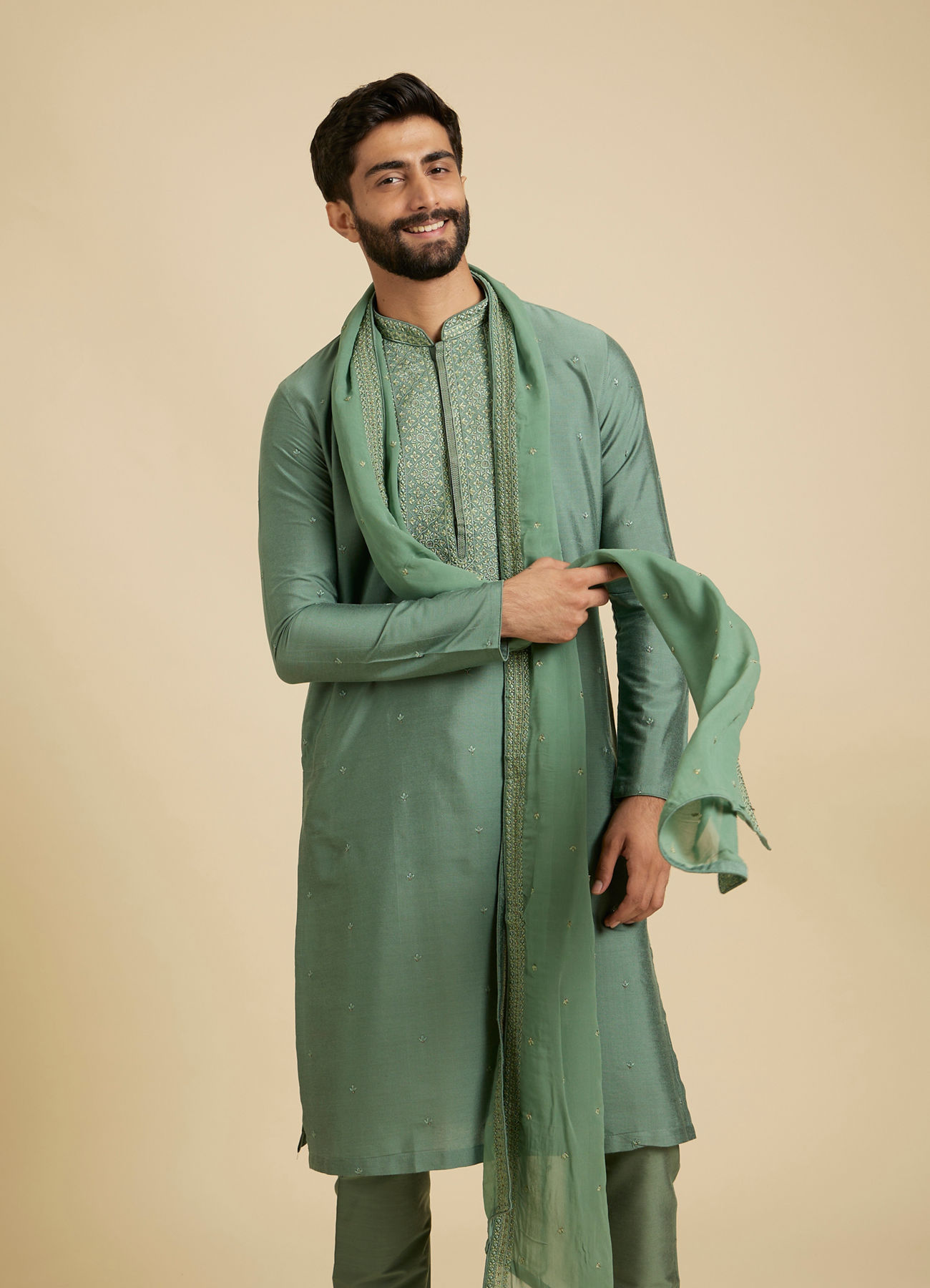 Manyavar Men Splendid Olive Green Festive Kurta Pajama Dupatta