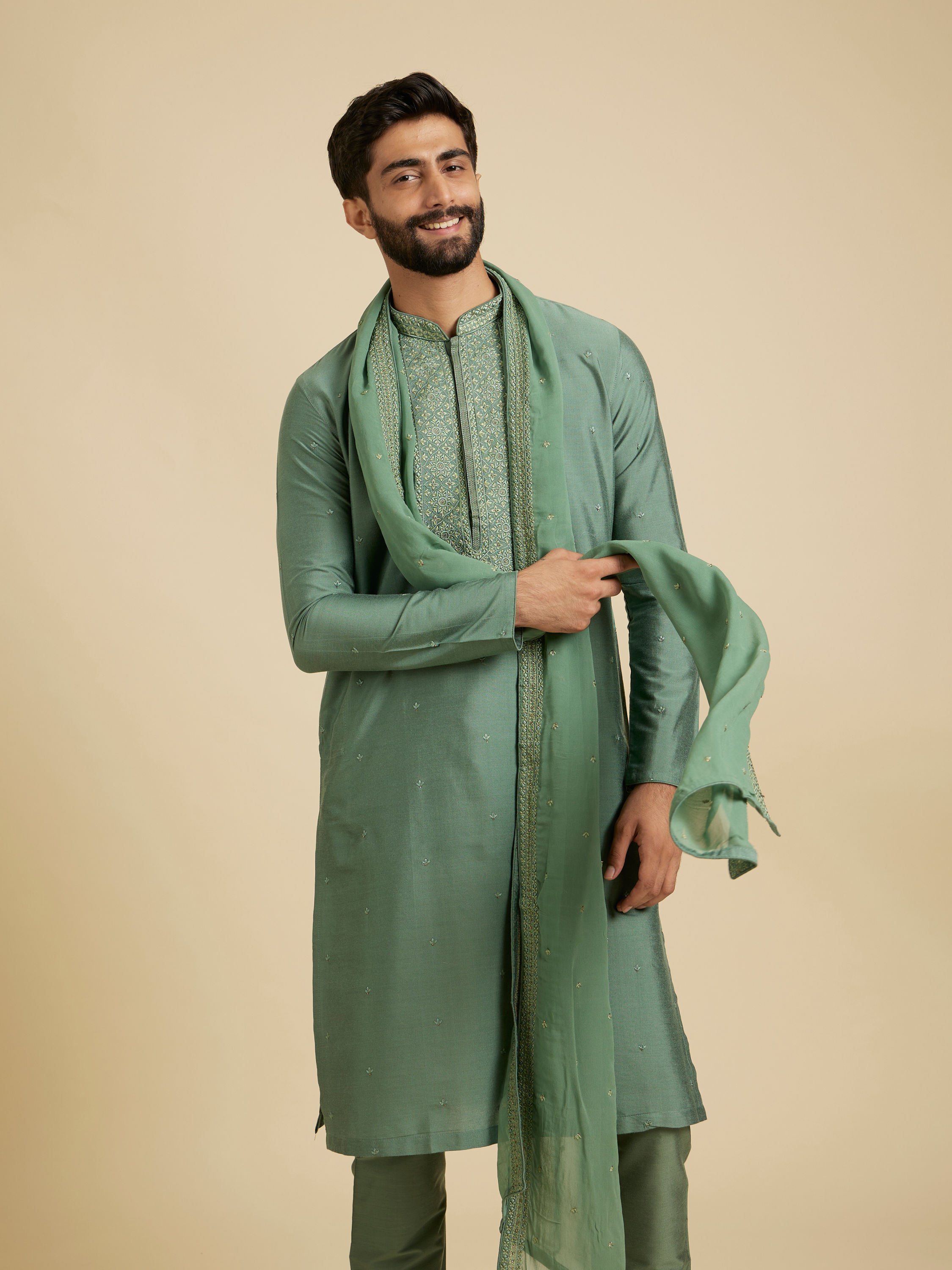Manyavar Men Splendid Olive Green Festive Kurta Pajama Dupatta