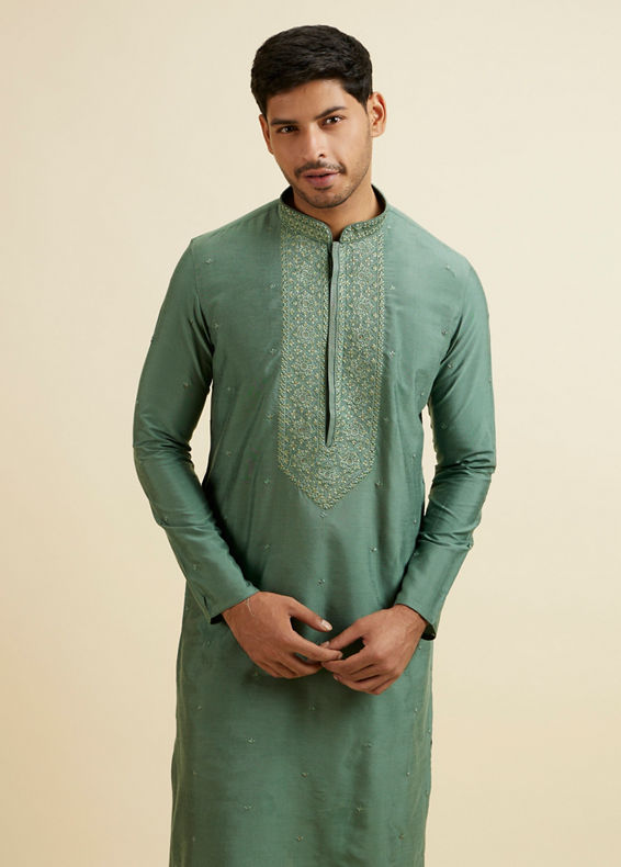 Manyavar Men Light Mid Green Buta Embroidery Kurta Set