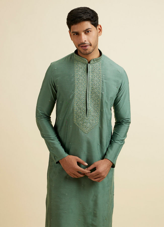Manyavar Men Light Mid Green Buta Embroidery Kurta Set