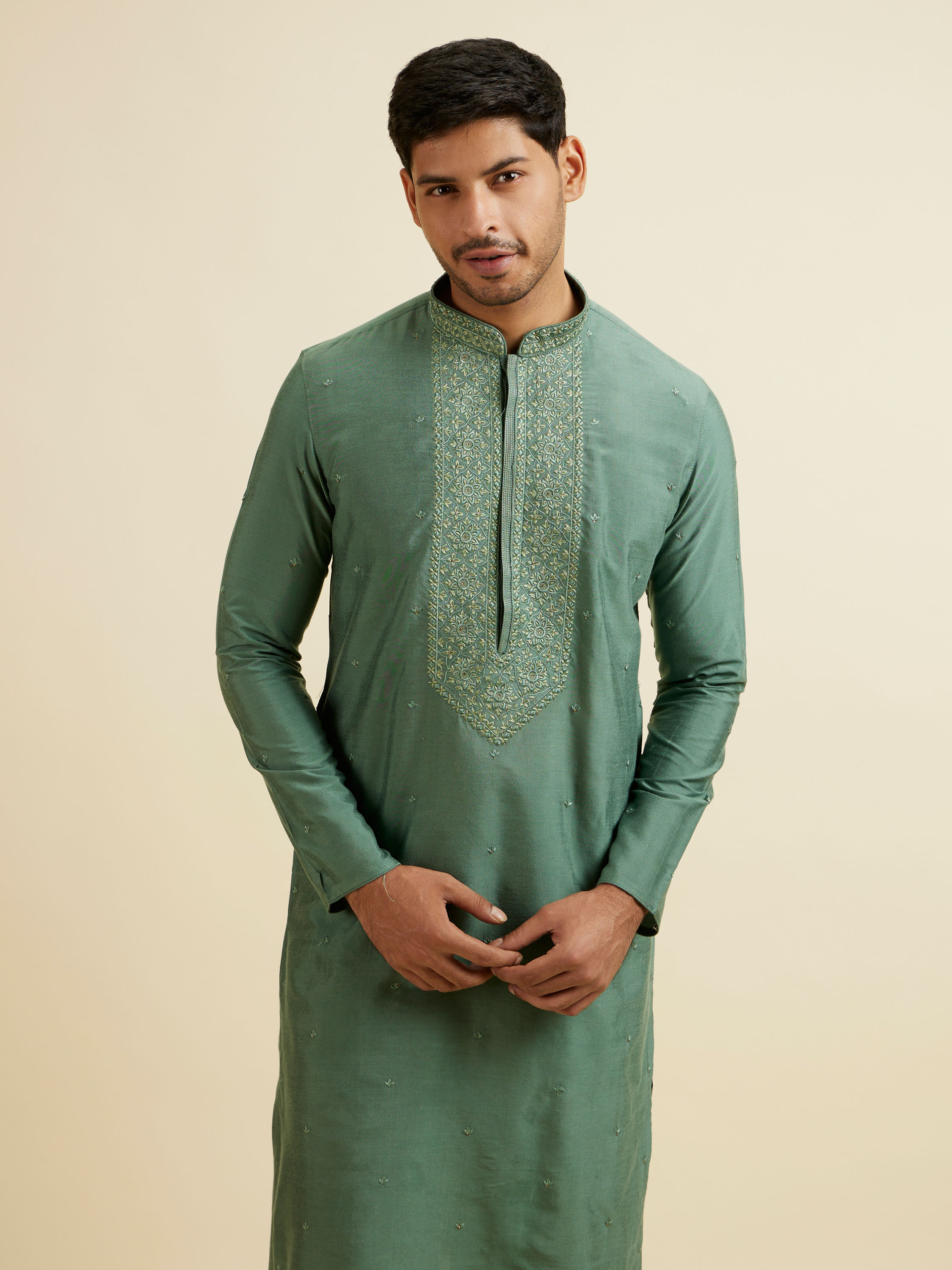 Manyavar Men Light Mid Green Buta Embroidery Kurta Set