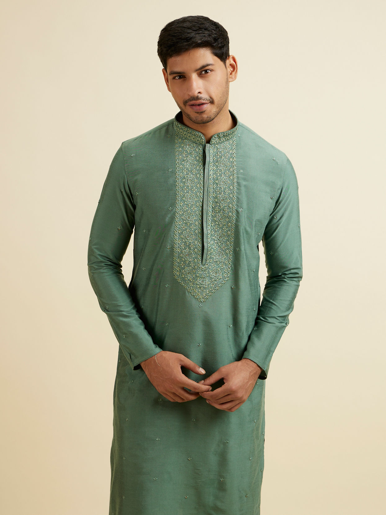 Manyavar Men Light Mid Green Buta Embroidery Kurta Set