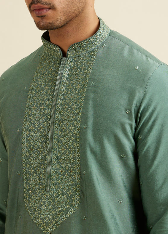 Manyavar Men Light Mid Green Buta Embroidery Kurta Set
