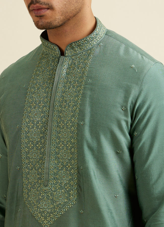 Manyavar Men Light Mid Green Buta Embroidery Kurta Set