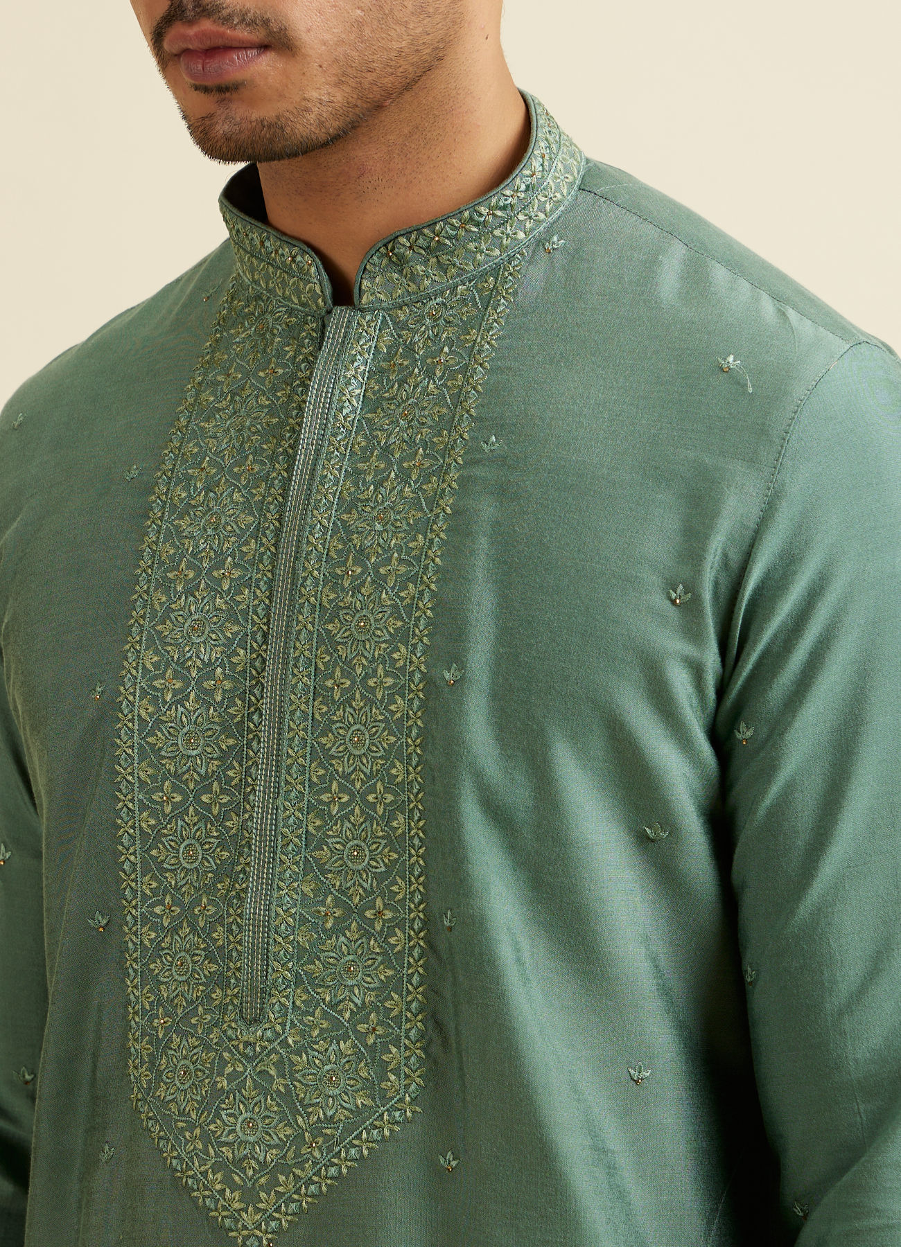 Manyavar Men Light Mid Green Buta Embroidery Kurta Set