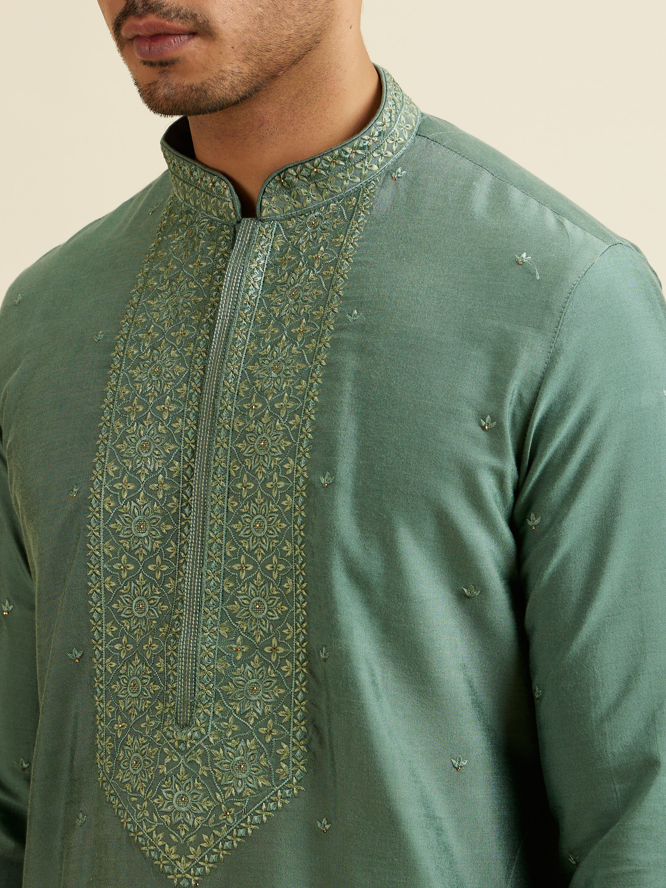 Manyavar Men Light Mid Green Buta Embroidery Kurta Set