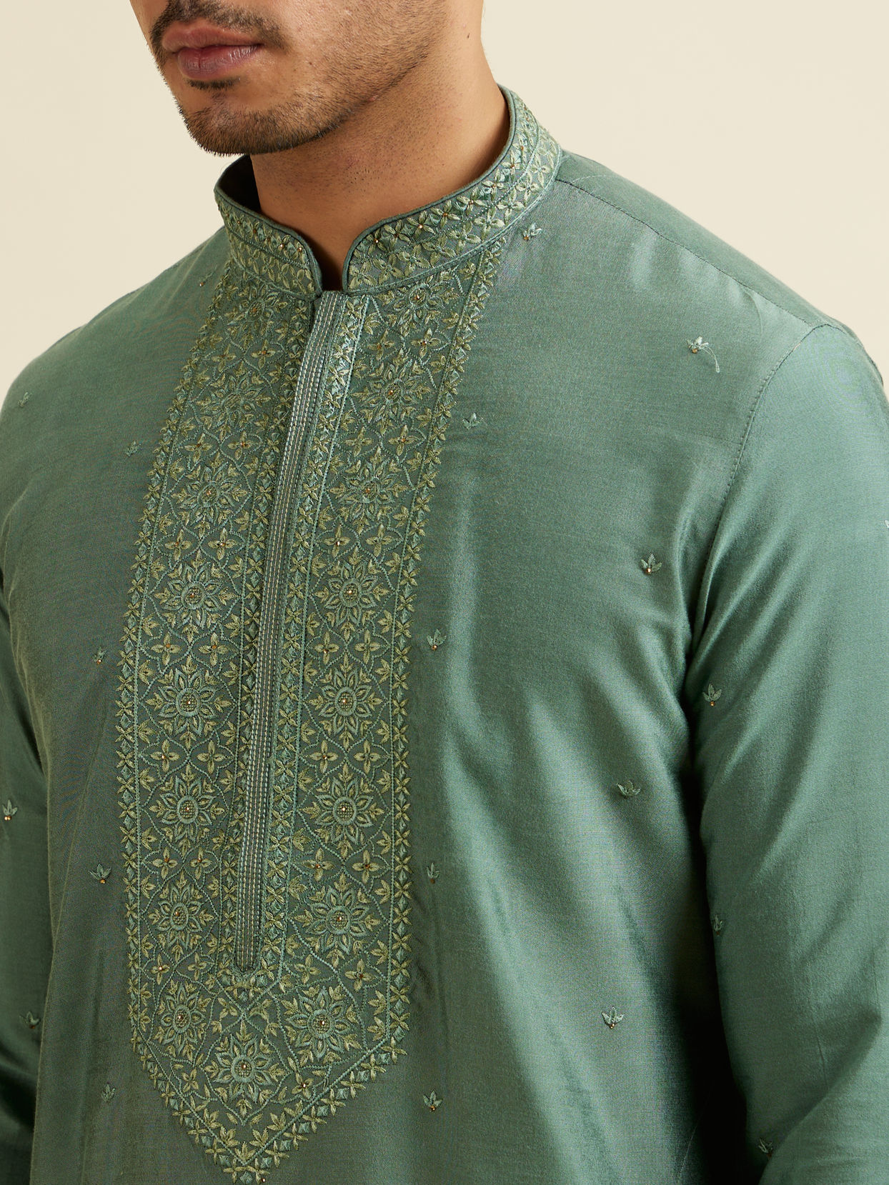 Manyavar Men Light Mid Green Buta Embroidery Kurta Set