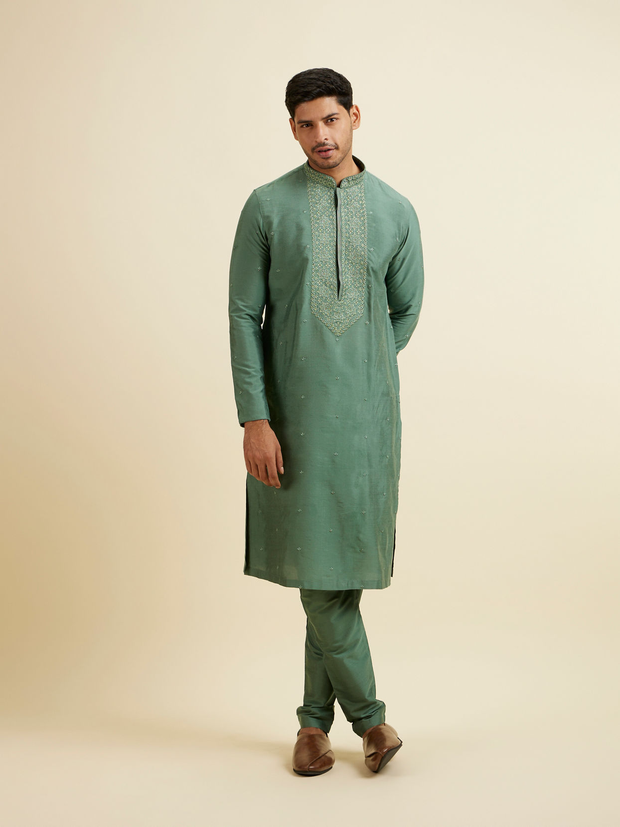 Manyavar Men Light Mid Green Buta Embroidery Kurta Set