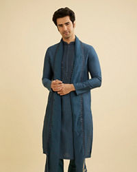 Manyavar Men Royal Dark Blue Kurta Set with Dupatta