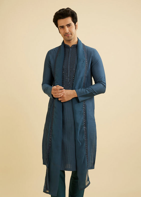 Manyavar Men Royal Dark Blue Kurta Set with Dupatta