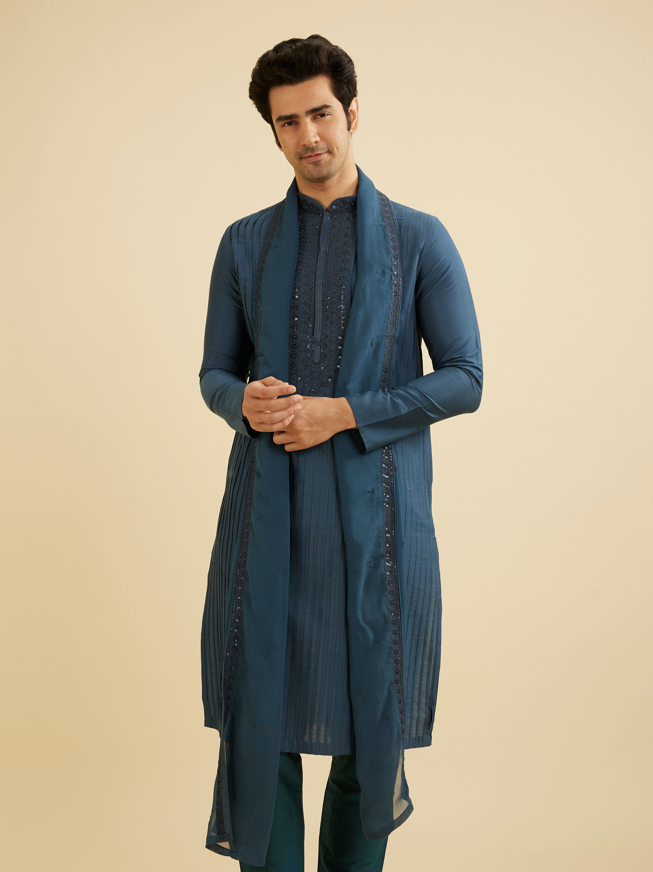 Manyavar Men Royal Dark Blue Kurta Set with Dupatta